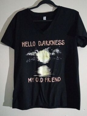 Hello Darkness Graphic V-Neck Tee - Black with Cream Moon